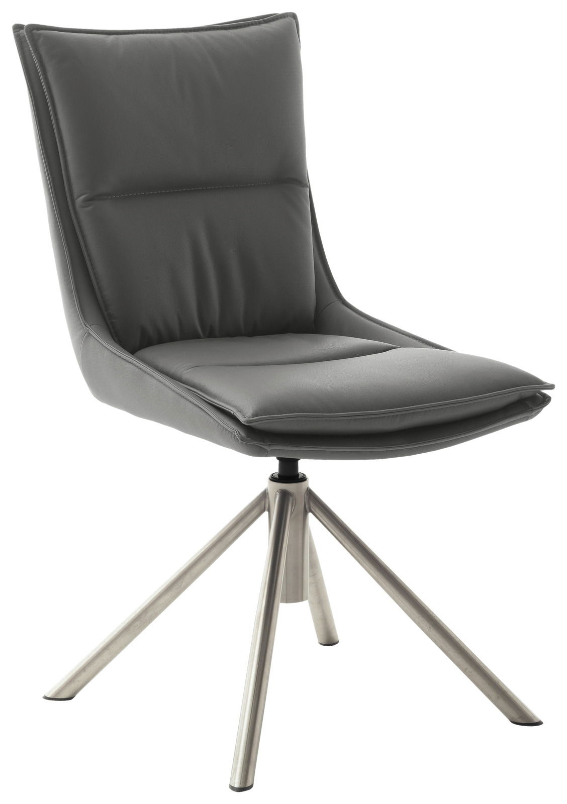 Novel Stuhl HOUSTON Moderner grauer Stuhl mit gepolsterter Rückenlehne und Sitzfläche, auf einem stabilen Metallgestell, seitliche Perspektive.