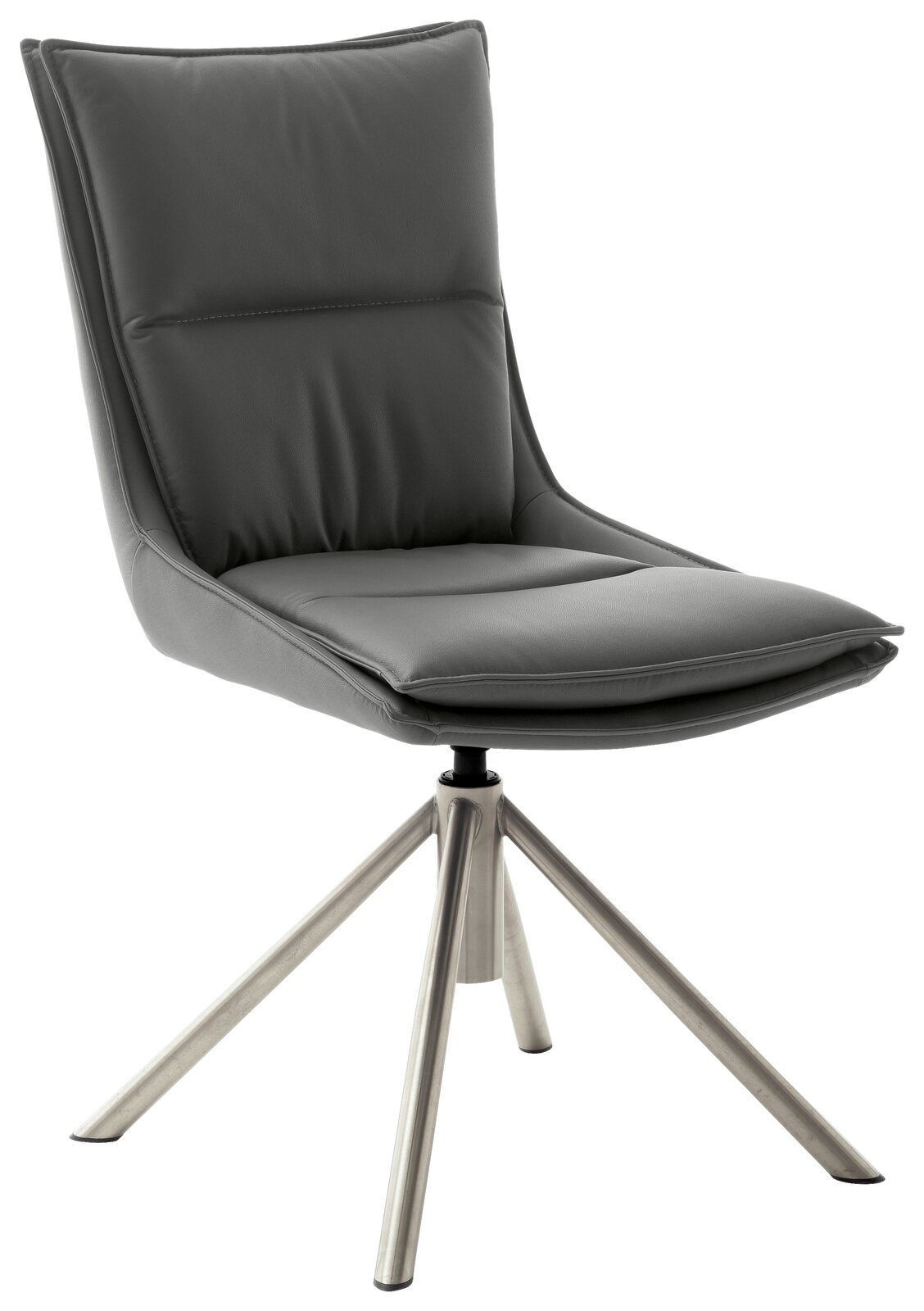 Moderner grauer Stuhl mit gepolsterter Rückenlehne und Sitzfläche, auf einem stabilen Metallgestell, seitliche Perspektive.