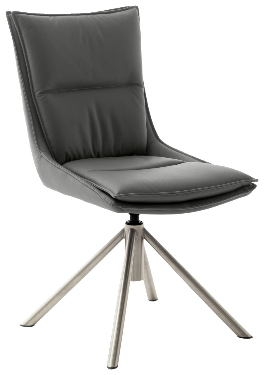 Novel Stuhl HOUSTON Moderner grauer Stuhl mit gepolsterter Rückenlehne und Sitzfläche, auf einem stabilen Metallgestell, seitliche Perspektive.