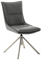 Moderner grauer Stuhl mit gepolsterter Rückenlehne und Sitzfläche, auf einem stabilen Metallgestell, seitliche Perspektive.