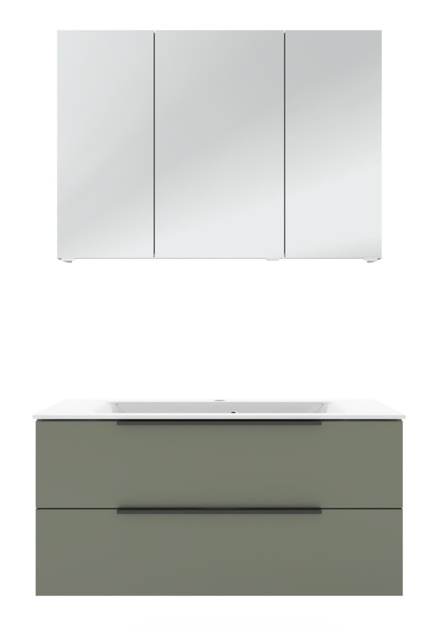Sadena Badkombination KÖLN Modernes Badmöbel-Set mit Spiegelschrank (3-türig) und wandhängendem Waschtischunterschrank in Olivgrün mit weißem Waschtisch, Frontansicht