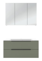 Modernes Badmöbel-Set mit Spiegelschrank (3-türig) und wandhängendem Waschtischunterschrank in Olivgrün mit weißem Waschtisch, Frontansicht