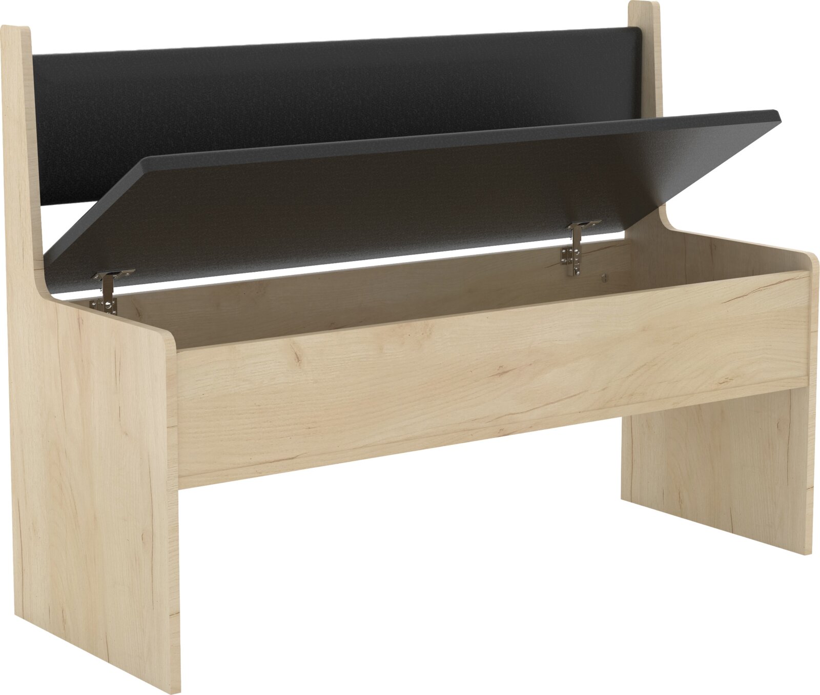 Holzbett in heller Holzoptik mit hochgeklapptem Lattenrost und sichtbarem Bettkasten-Stauraum, Ansicht schräg von vorn