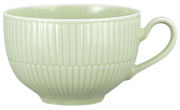 Grüne Milchkaffeeobertasse mit geriffeltem Design, seitliche Perspektive