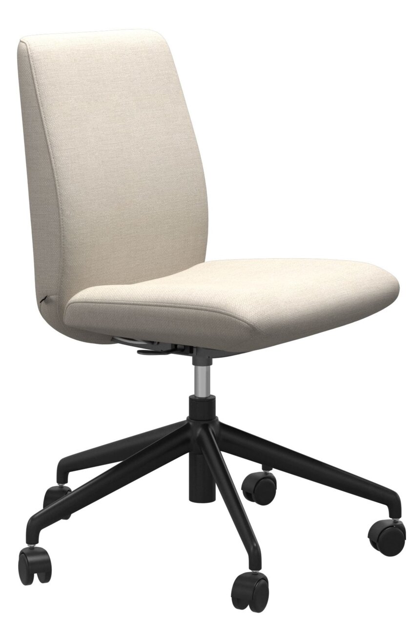 Moderner Home Office Stuhl in Beige mit schwarzem Drehfuß, seitliche Perspektive