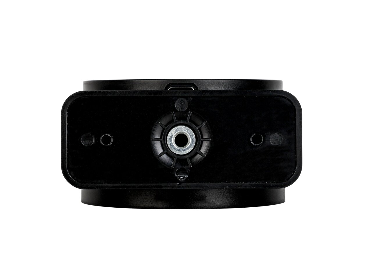 Frontansicht der schwarzen Akku-Wandleuchte mit zentralem Befestigungspunkt.