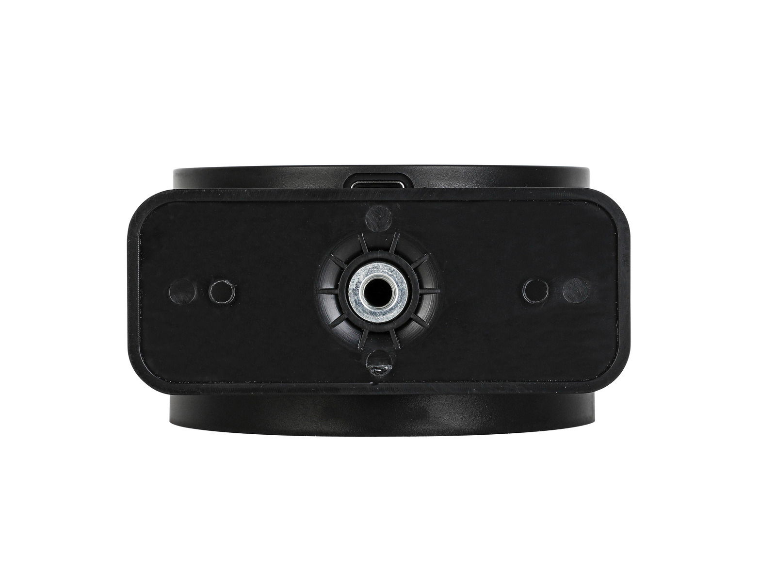 Frontansicht der schwarzen Akku-Wandleuchte mit zentralem Befestigungspunkt.