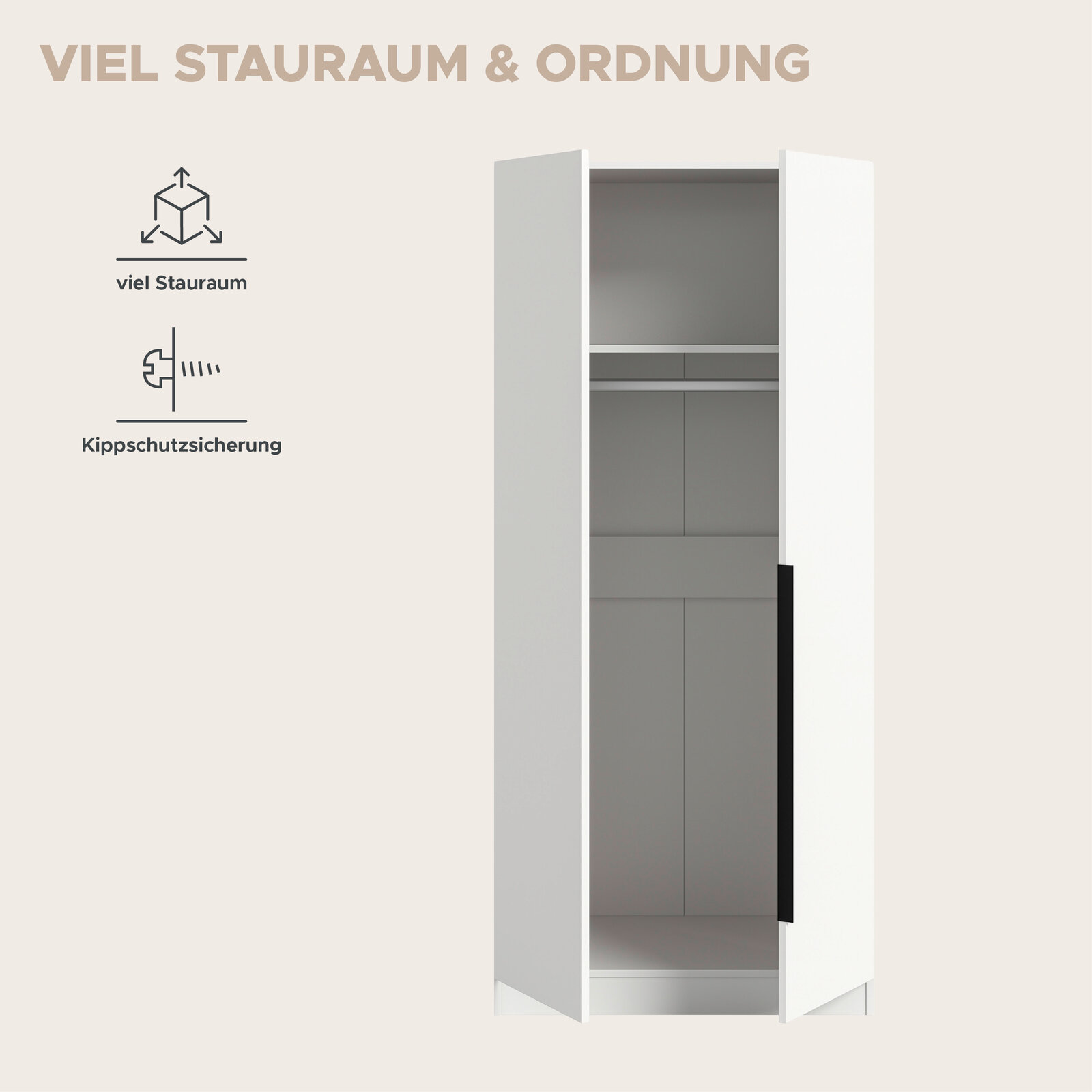 Weißer Kleiderschrank mit geöffneten Türen, Innenraum mit Kleiderstange und Ablage, Frontansicht.