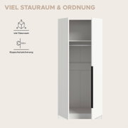 Weißer Kleiderschrank mit geöffneten Türen, Innenraum mit Kleiderstange und Ablage, Frontansicht.