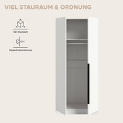 Weißer Kleiderschrank mit geöffneten Türen, Innenraum mit Kleiderstange und Ablage, Frontansicht.