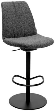 Moderne barkruk met grijze stoffen bekleding en zwart metalen frame, zijaanzicht