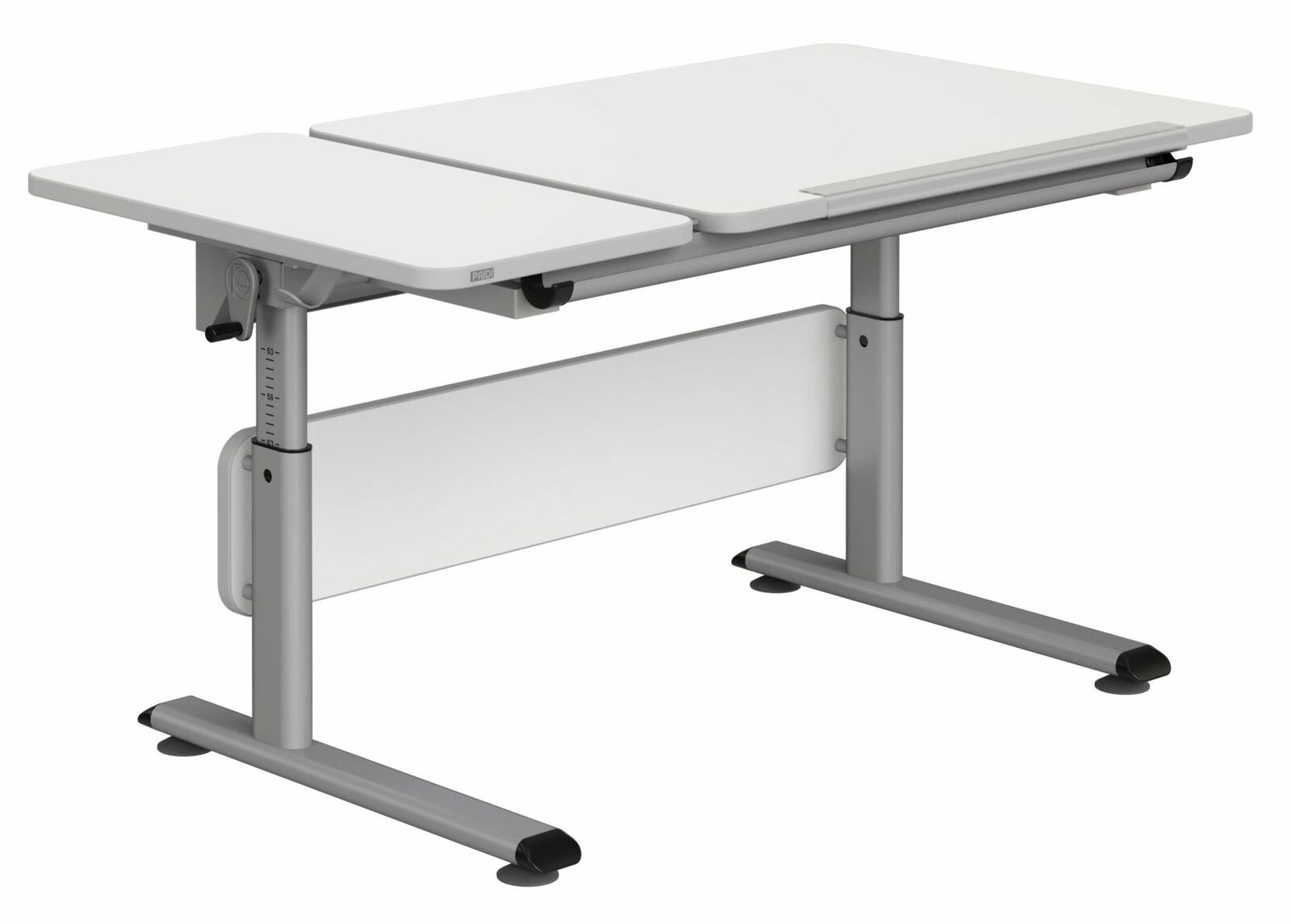 Moderner höhenverstellbarer Schreibtisch mit zwei weißen Tischplatten und grauem Metallgestell, seitliche Perspektive