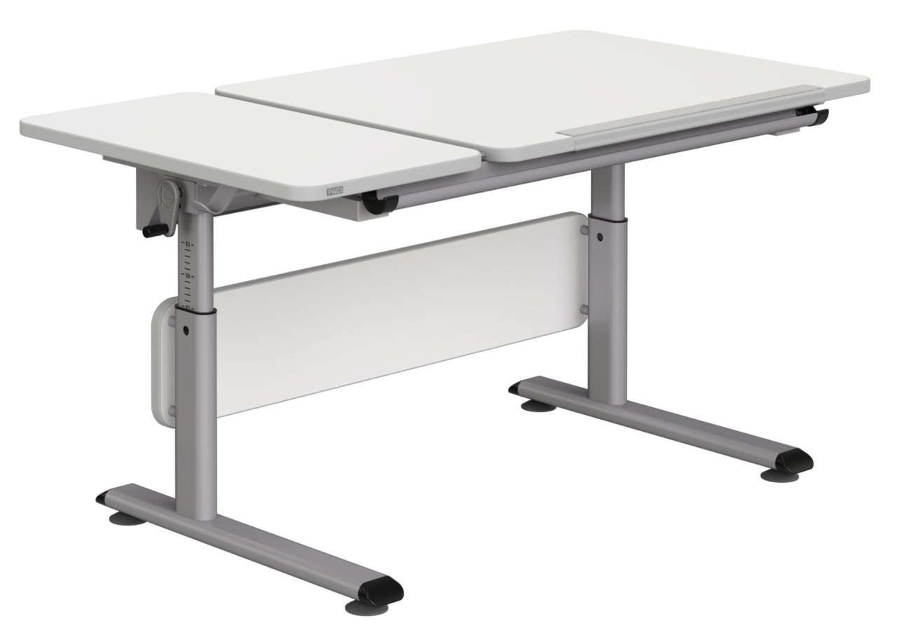 Moderner höhenverstellbarer Schreibtisch mit zwei weißen Tischplatten und grauem Metallgestell, seitliche Perspektive