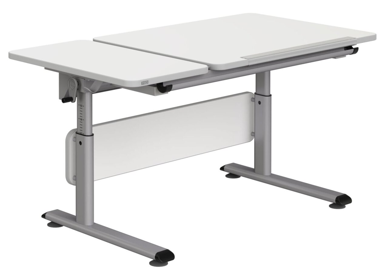 Moderner höhenverstellbarer Schreibtisch mit zwei weißen Tischplatten und grauem Metallgestell, seitliche Perspektive