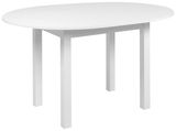 Weißer, ovaler Esstisch mit vier Beinen, seitliche Perspektive