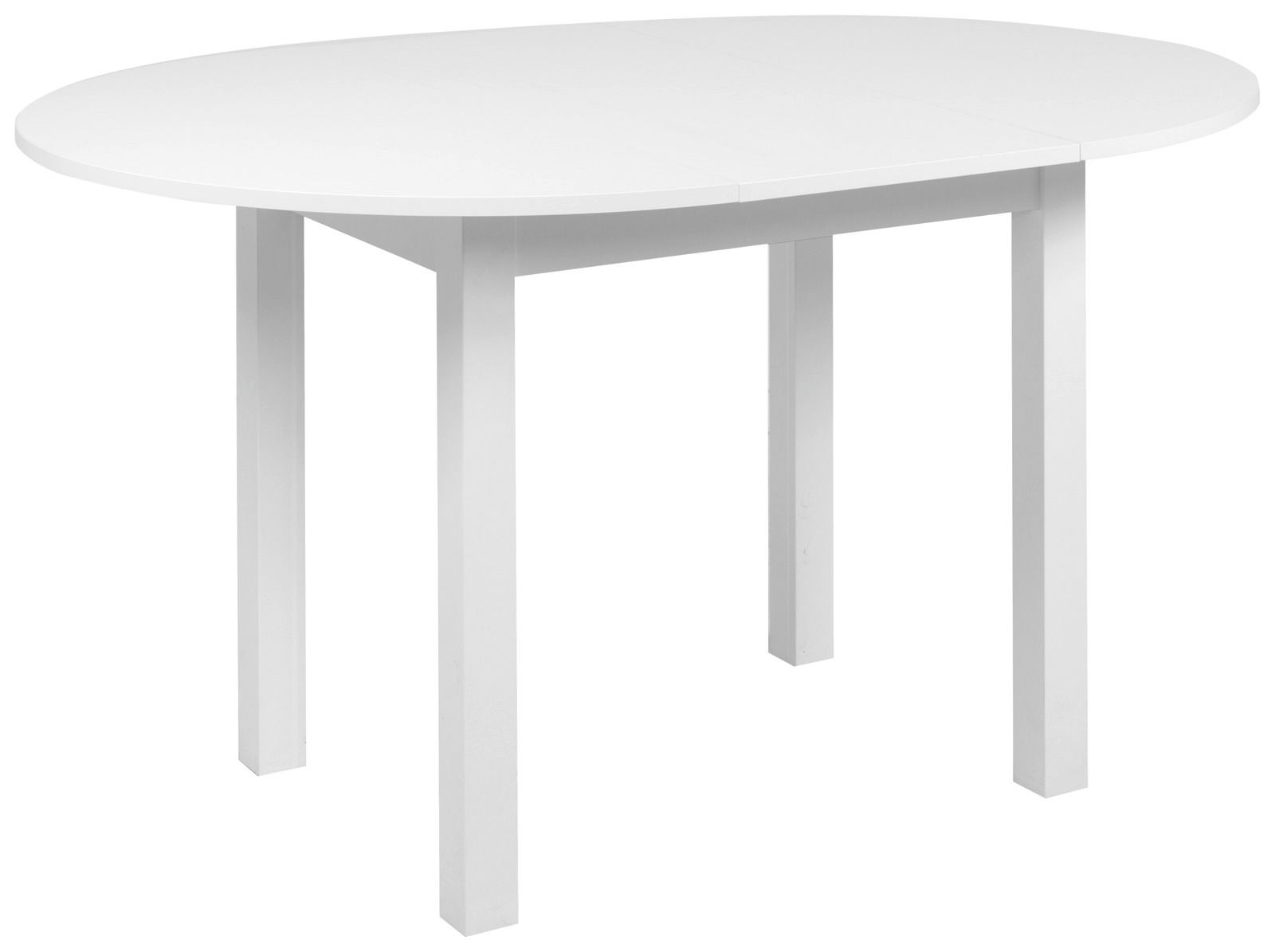 Weißer, ovaler Esstisch mit vier Beinen, seitliche Perspektive