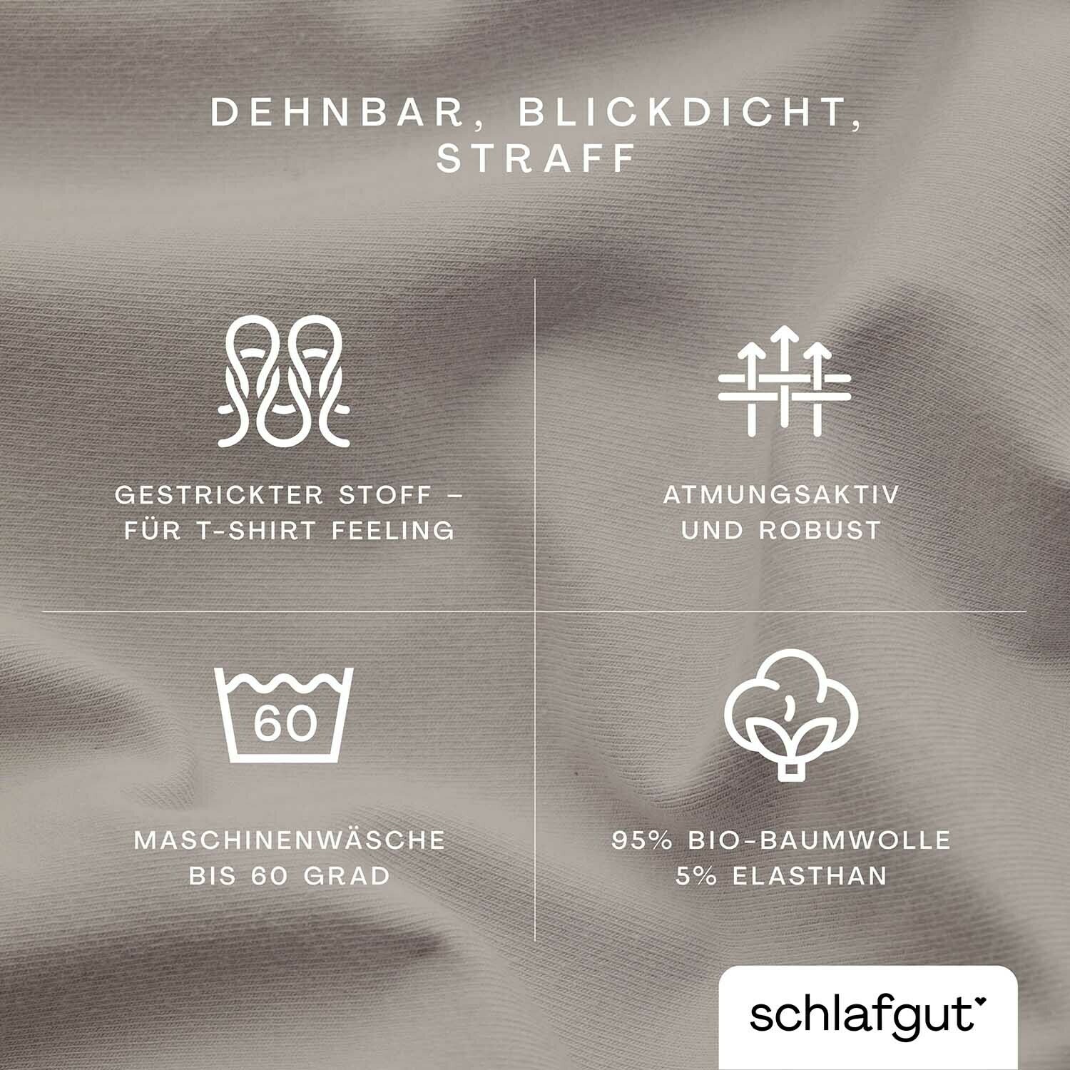 Nahaufnahme eines Spannbettlakens in Beige, dehnbar, blickdicht und straff, aus 95% Bio-Baumwolle und 5% Elasthan, geeignet für Maschinenwäsche bis 60 Grad, atmungsaktiv und robust, gestrickter Stoff für T-Shirt Feeling.