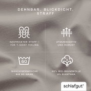 Nahaufnahme eines Spannbettlakens in Beige, dehnbar, blickdicht und straff, aus 95% Bio-Baumwolle und 5% Elasthan, geeignet für Maschinenwäsche bis 60 Grad, atmungsaktiv und robust, gestrickter Stoff für T-Shirt Feeling.