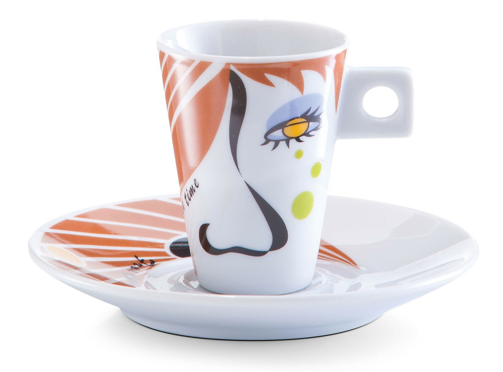 Espresso-Tasse mit Untertasse, künstlerisches Design mit Gesichtsmotiv, seitliche Perspektive