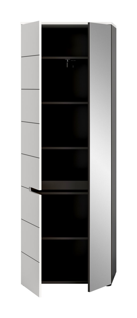 Hoher, moderner Schrank in Weiß mit zwei geöffneten Türen und schwarzem Innenraum mit mehreren Einlegeböden, frontale Ansicht mit leichter Perspektive von rechts