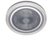 Deckenventilator mit modernem Design, von unten betrachtet, mit einem Gittermuster und einem dekorativen Rand.