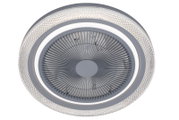 Deckenventilator mit modernem Design, von unten betrachtet, mit einem Gittermuster und einem dekorativen Rand.