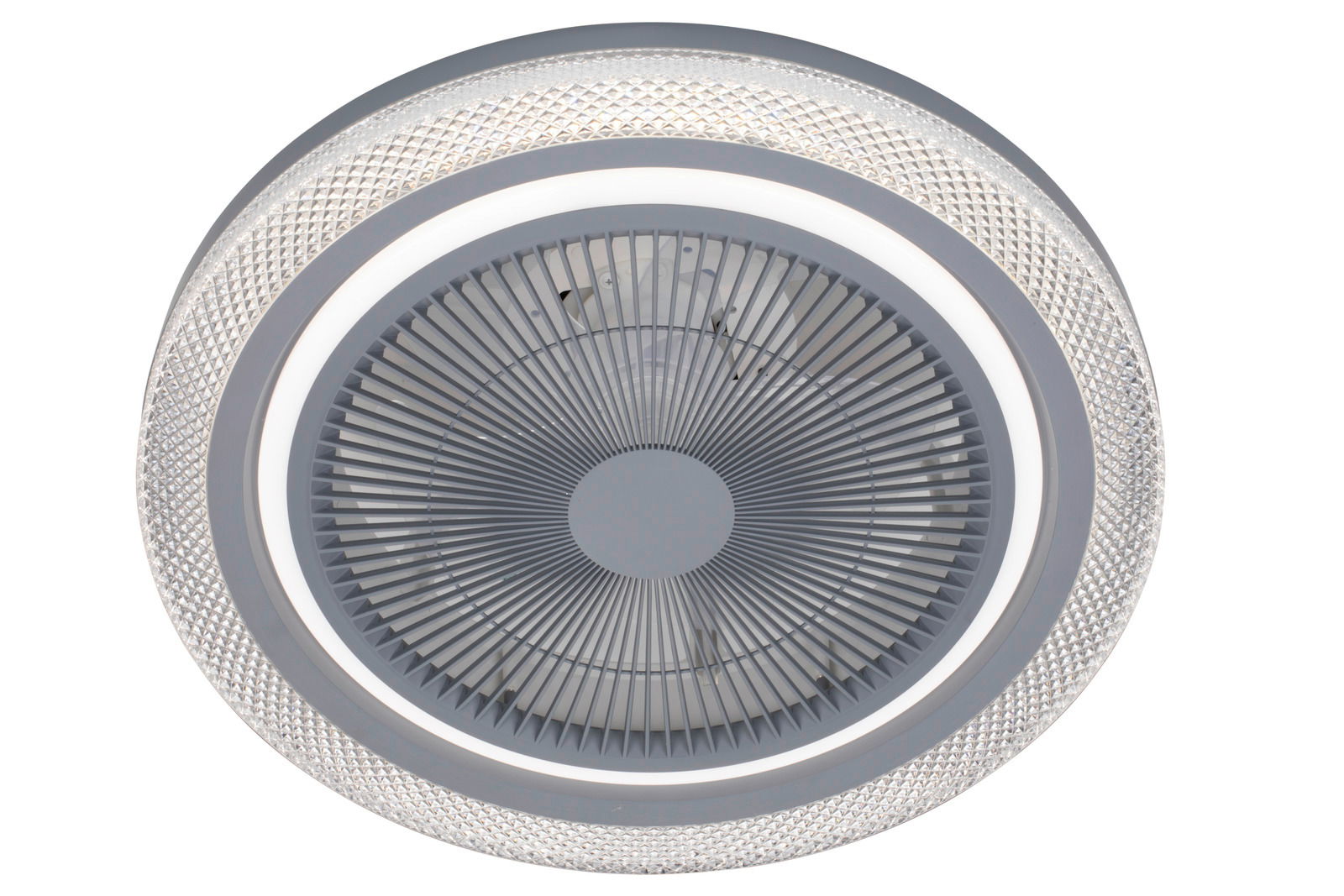 Deckenventilator mit modernem Design, von unten betrachtet, mit einem Gittermuster und einem dekorativen Rand.