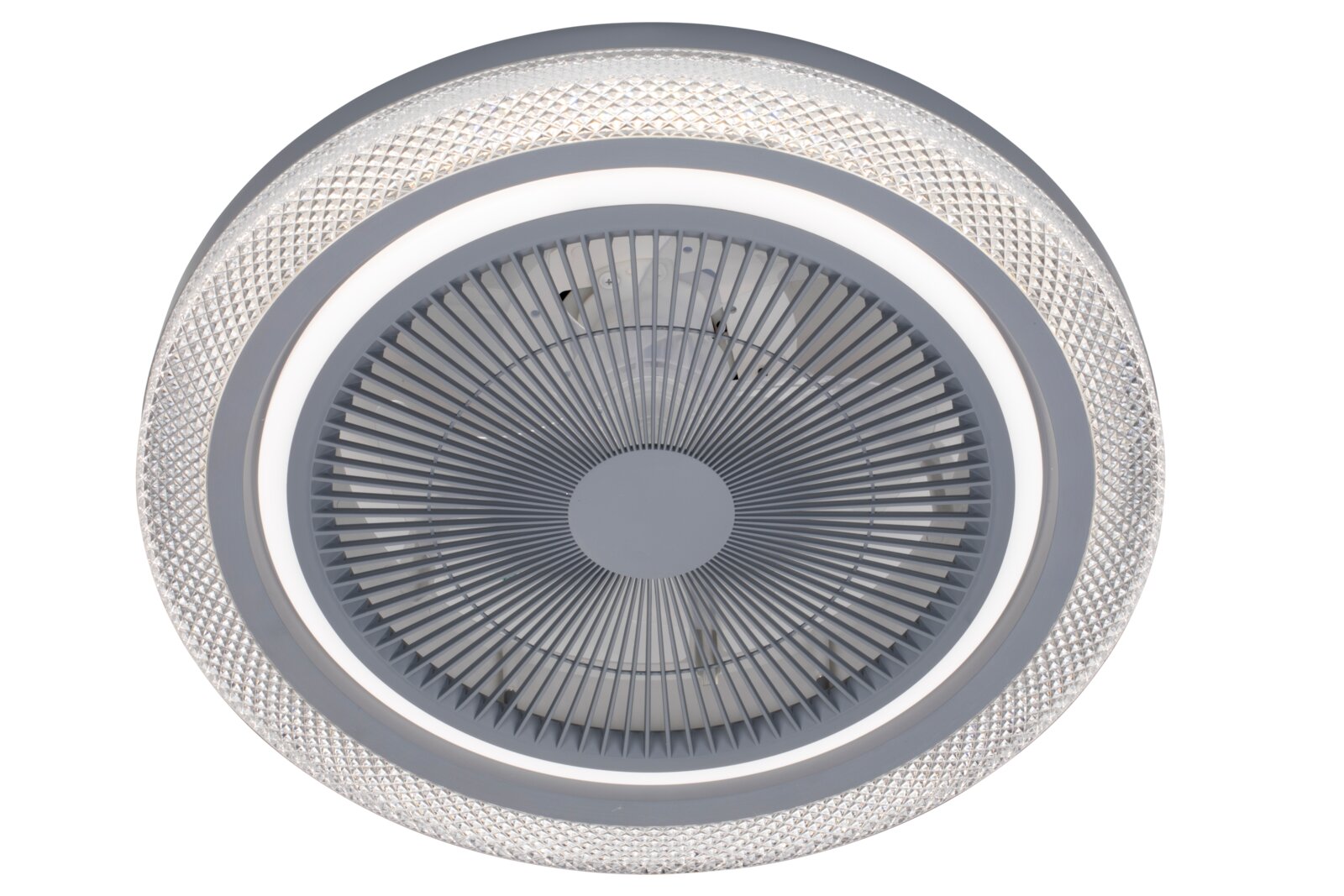 Deckenventilator mit modernem Design, von unten betrachtet, mit einem Gittermuster und einem dekorativen Rand.