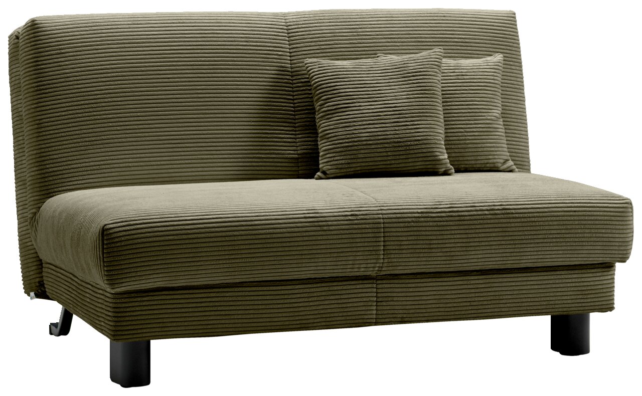 Z2 Schlafsofa ENNY Grünes Funktionssofa mit geripptem Stoffbezug und zwei passenden Kissen, seitliche Perspektive