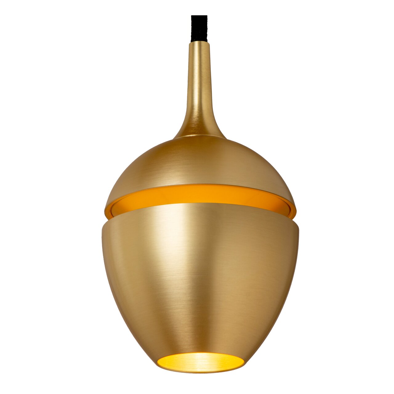 Pendelleuchte PRESTON in mattgold aus seitlicher Perspektive, mit elegantem, modernen Design und glatter Oberfläche.