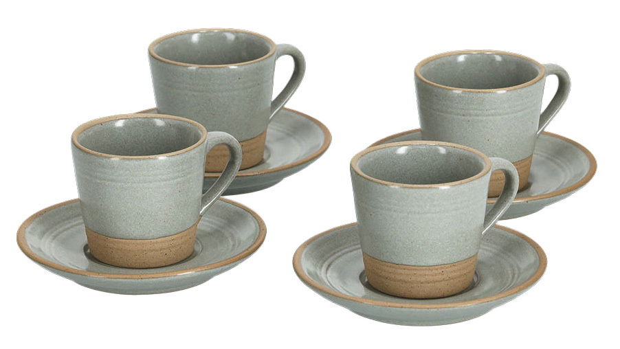 Vier graue Espressotassen mit Untertassen aus Keramik, seitliche Perspektive