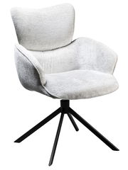 Moderner Armlehnstuhl mit hellgrauem Stoffbezug und schwarzem Metallgestell, seitliche Perspektive