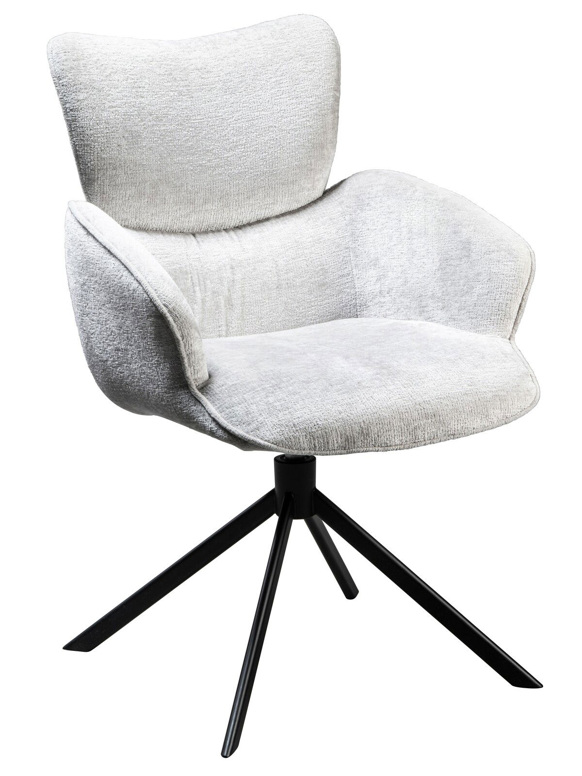 Novel Armlehnstuhl DAVE Moderner Armlehnstuhl mit hellgrauem Stoffbezug und schwarzem Metallgestell, seitliche Perspektive