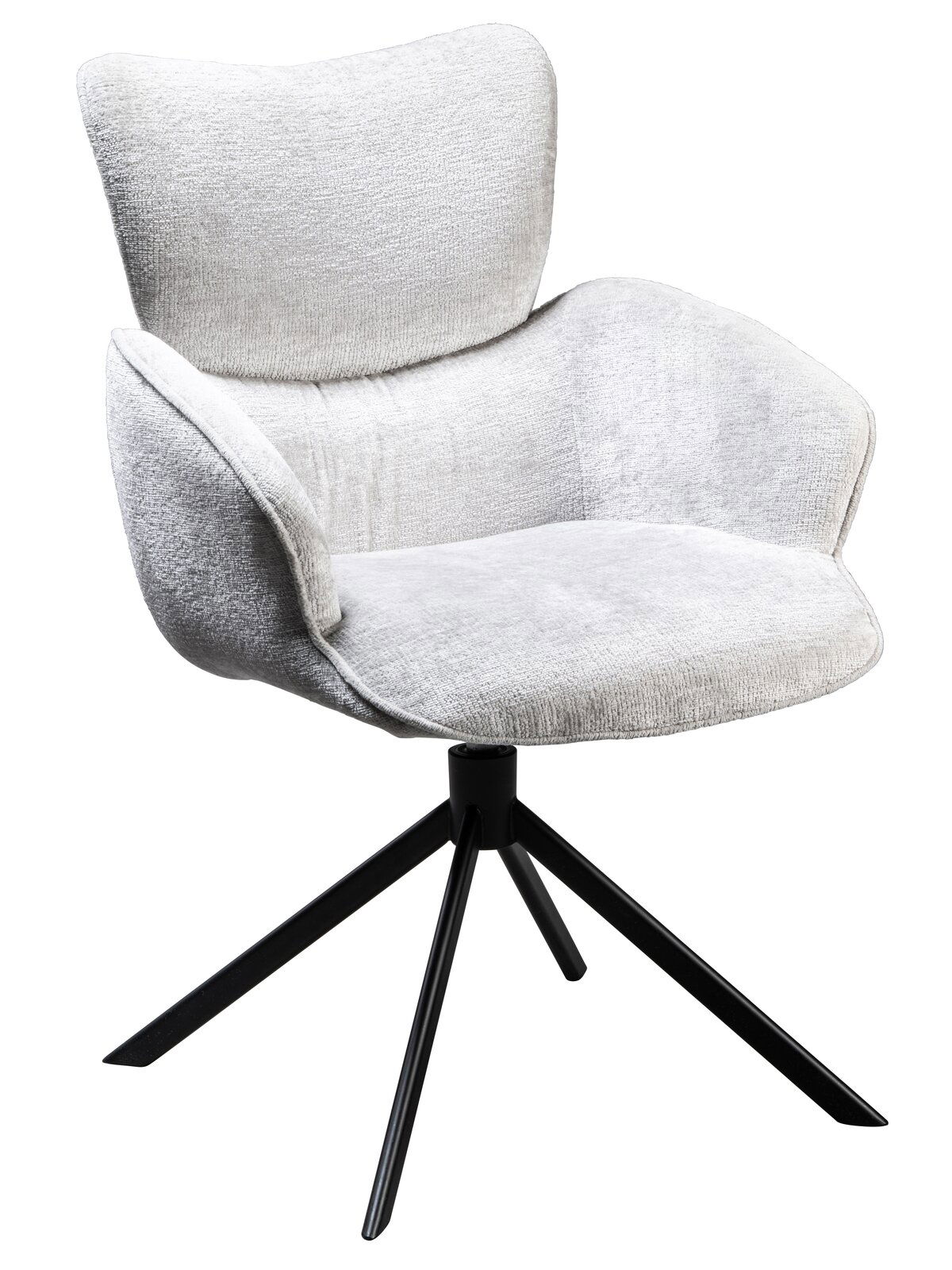 Novel Armlehnstuhl DAVE Moderner Armlehnstuhl mit hellgrauem Stoffbezug und schwarzem Metallgestell, seitliche Perspektive