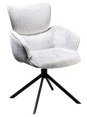 Moderner Armlehnstuhl mit hellgrauem Stoffbezug und schwarzem Metallgestell, seitliche Perspektive