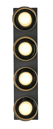 Moderne Deckenleuchte RIKA mit vier runden Leuchtelementen in einer vertikalen Anordnung, frontal betrachtet.