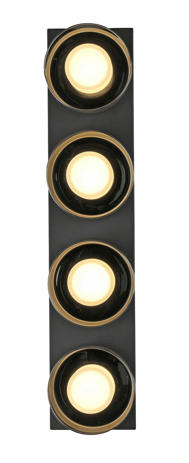 Moderne Deckenleuchte RIKA mit vier runden Leuchtelementen in einer vertikalen Anordnung, frontal betrachtet.