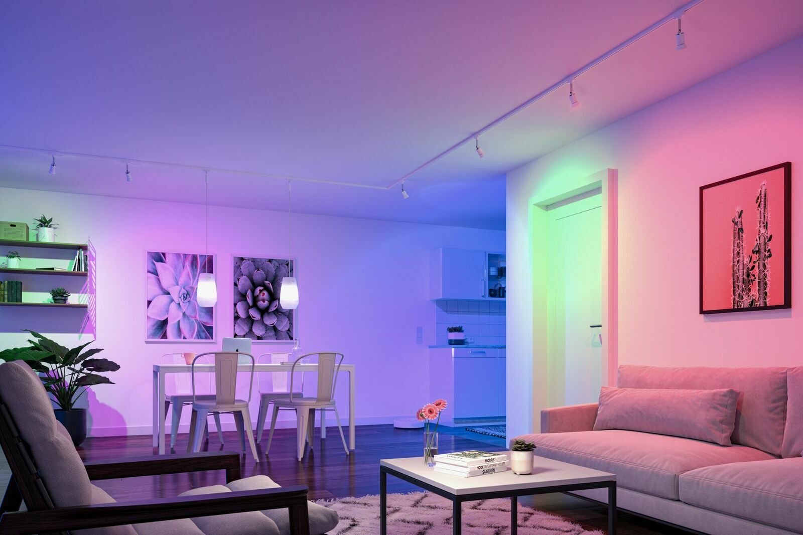 PAULMANN LED-Leuchtmittel URAIL Moderne Wohnzimmerbeleuchtung mit farbwechselnden LED-Leuchtmitteln in einer gemütlichen Wohnumgebung, seitliche Perspektive.