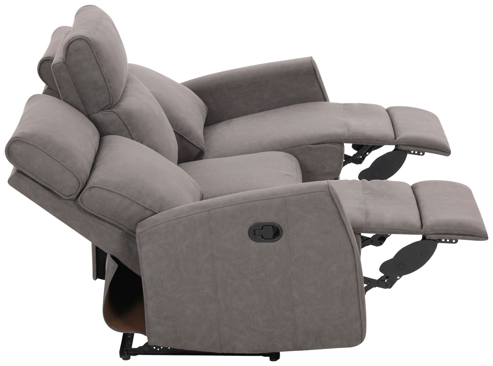 Graues 3er-Sofa XORA Polster LIAN mit verstellbaren Rückenlehnen und Fußstützen, seitliche Perspektive