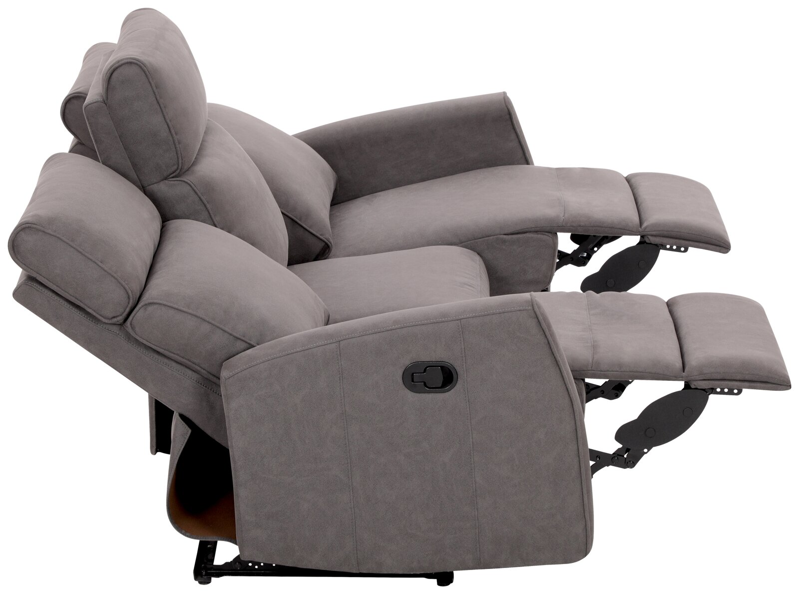 Graues 3er-Sofa XORA Polster LIAN mit verstellbaren Rückenlehnen und Fußstützen, seitliche Perspektive