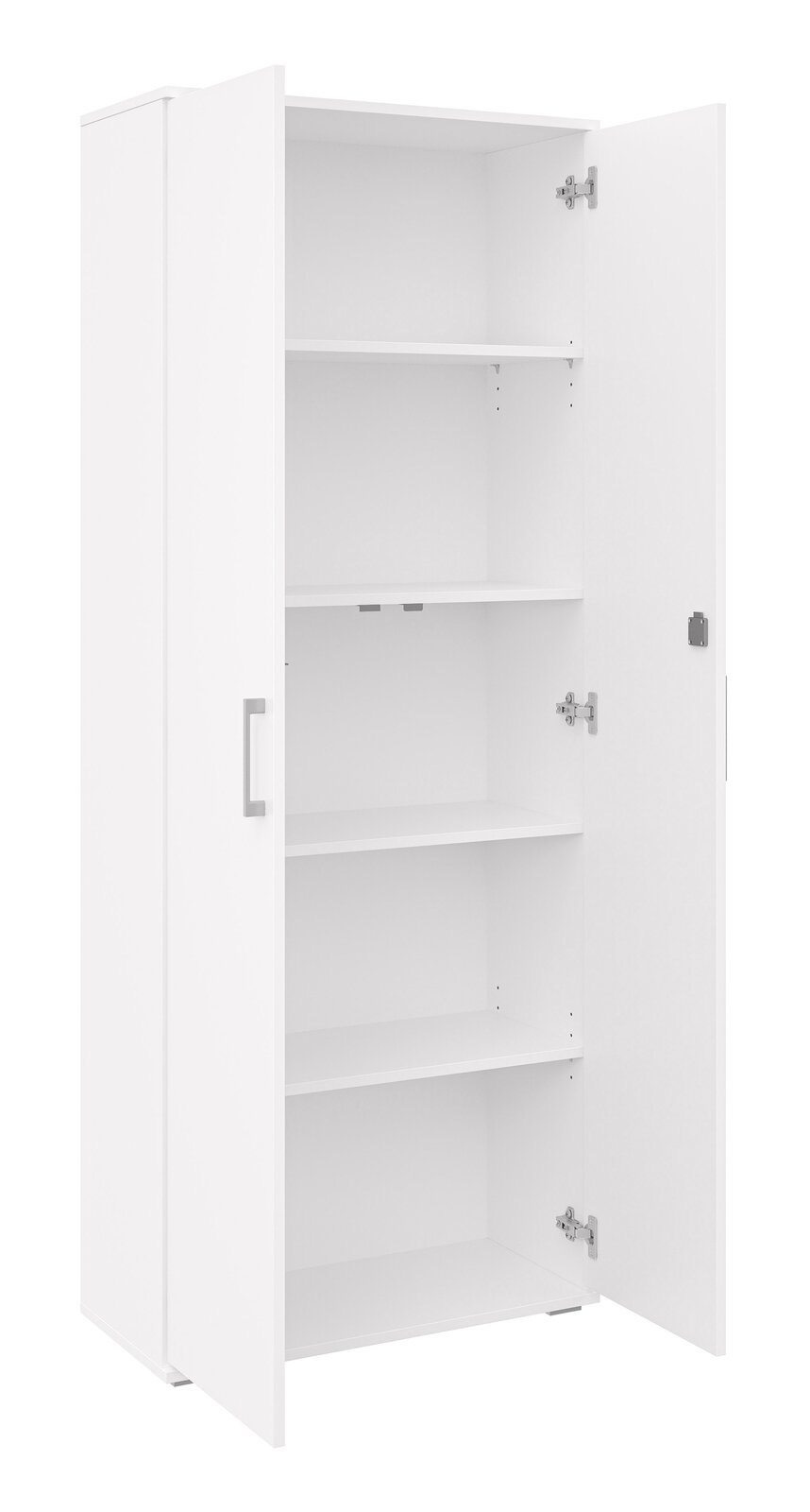 Weißer, hoher Aufbewahrungsschrank mit geöffneter Tür, mehreren Einlegeböden und Metallgriff, freigestellt auf weißem Hintergrund, in leichter Frontansicht von links.