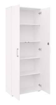 Witte, hoge opbergkast met geopende deur, meerdere legplanken en een metalen handgreep, vrijstaand tegen een witte achtergrond, in een licht vooraanzicht van links.