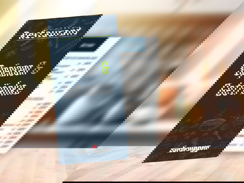 Speisekarte „Speisen & Getränke“ des Panorama Restaurants auf Tresen vor unscharfem Küchenhintergrund.