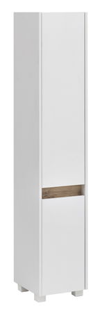 Moderner weißer Hochschrank mit Holzdetail, seitliche Perspektive
