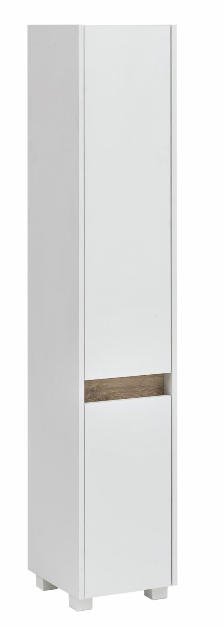 Moderner weißer Hochschrank mit Holzdetail, seitliche Perspektive