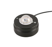 Schwarze LED-Tischleuchte aus der Vogelperspektive mit rundem Design und sichtbaren LED-Lichtern unter einer transparenten Kuppel.