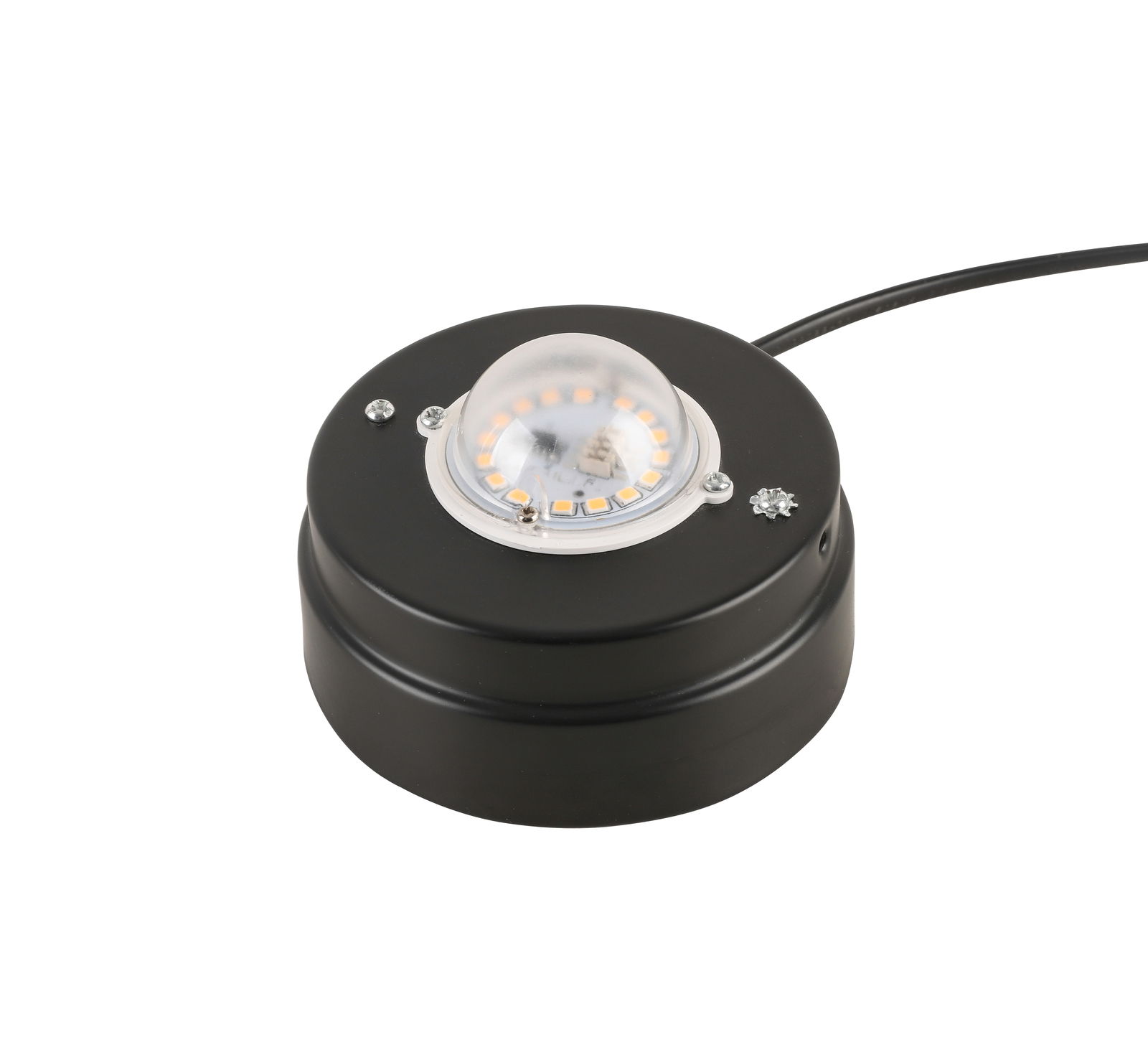 Schwarze LED-Tischleuchte aus der Vogelperspektive mit rundem Design und sichtbaren LED-Lichtern unter einer transparenten Kuppel.