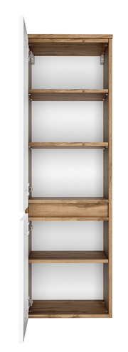 Offener Midischrank mit mehreren Holzregalböden, Ansicht von vorne.