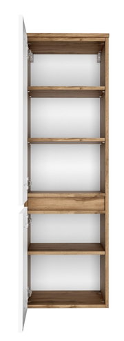 Offener Midischrank mit mehreren Holzregalböden, Ansicht von vorne.