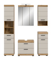 Badmöbel-Set in Eiche-Optik mit hellgrauen Fronten und schwarzen Griffen, bestehend aus Hochschrank, Spiegelschrank, Waschtischunterschrank und Seitenschrank, frontale Ansicht